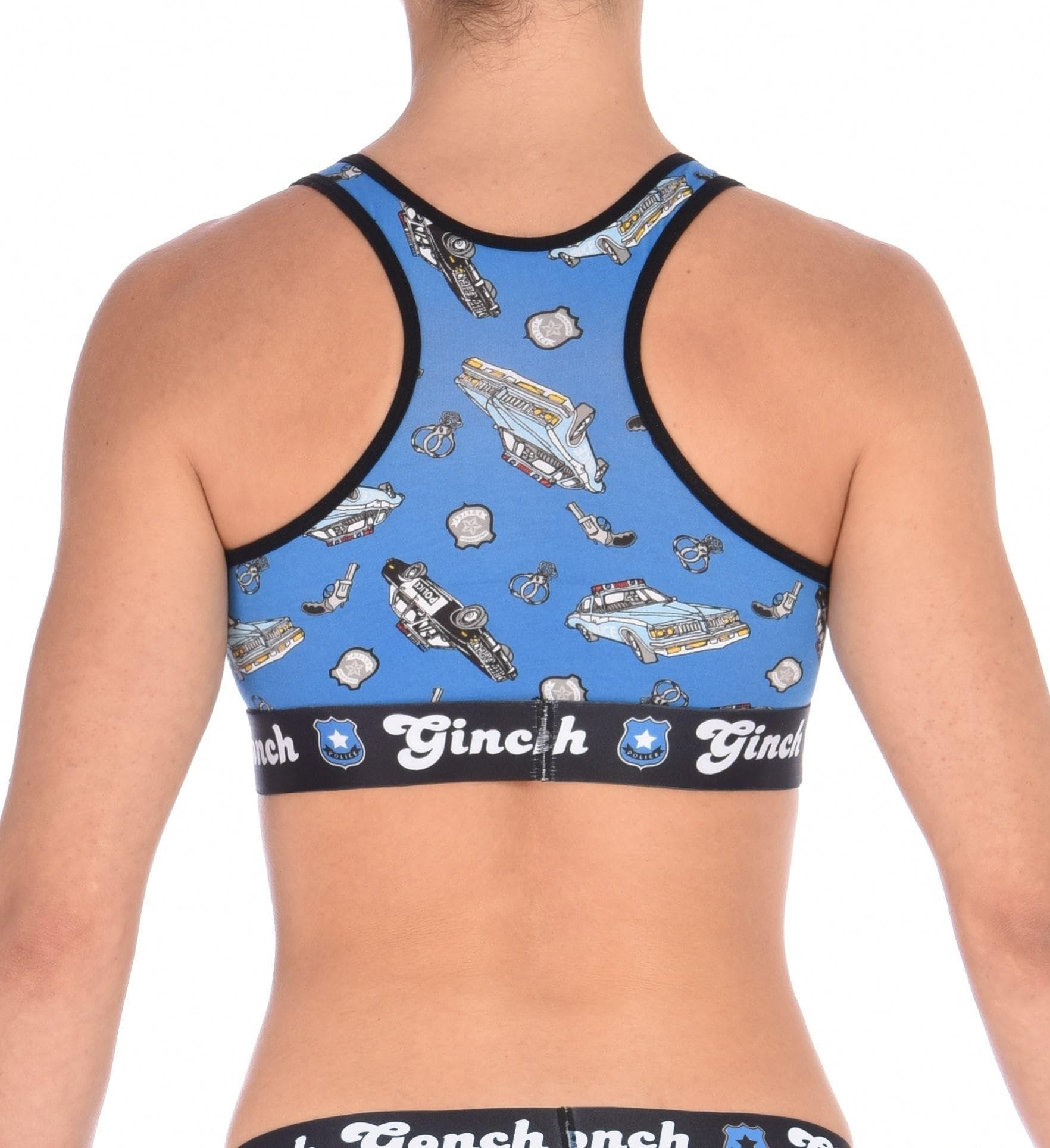 Rear view of a model wearign Ginch Gonch GG Patrol blue sports bra showing wire-free back design and police print stretch cotton.