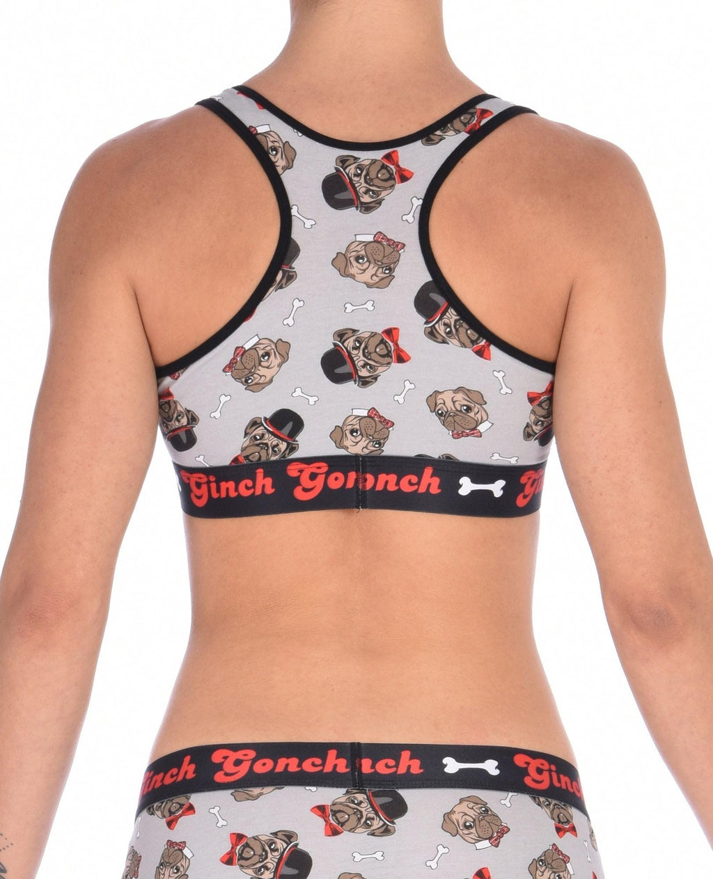 Seen from behind, rear view of Ginch Gonch Pug Life sports bra showing racerback design and pug print stretch cotton fabric