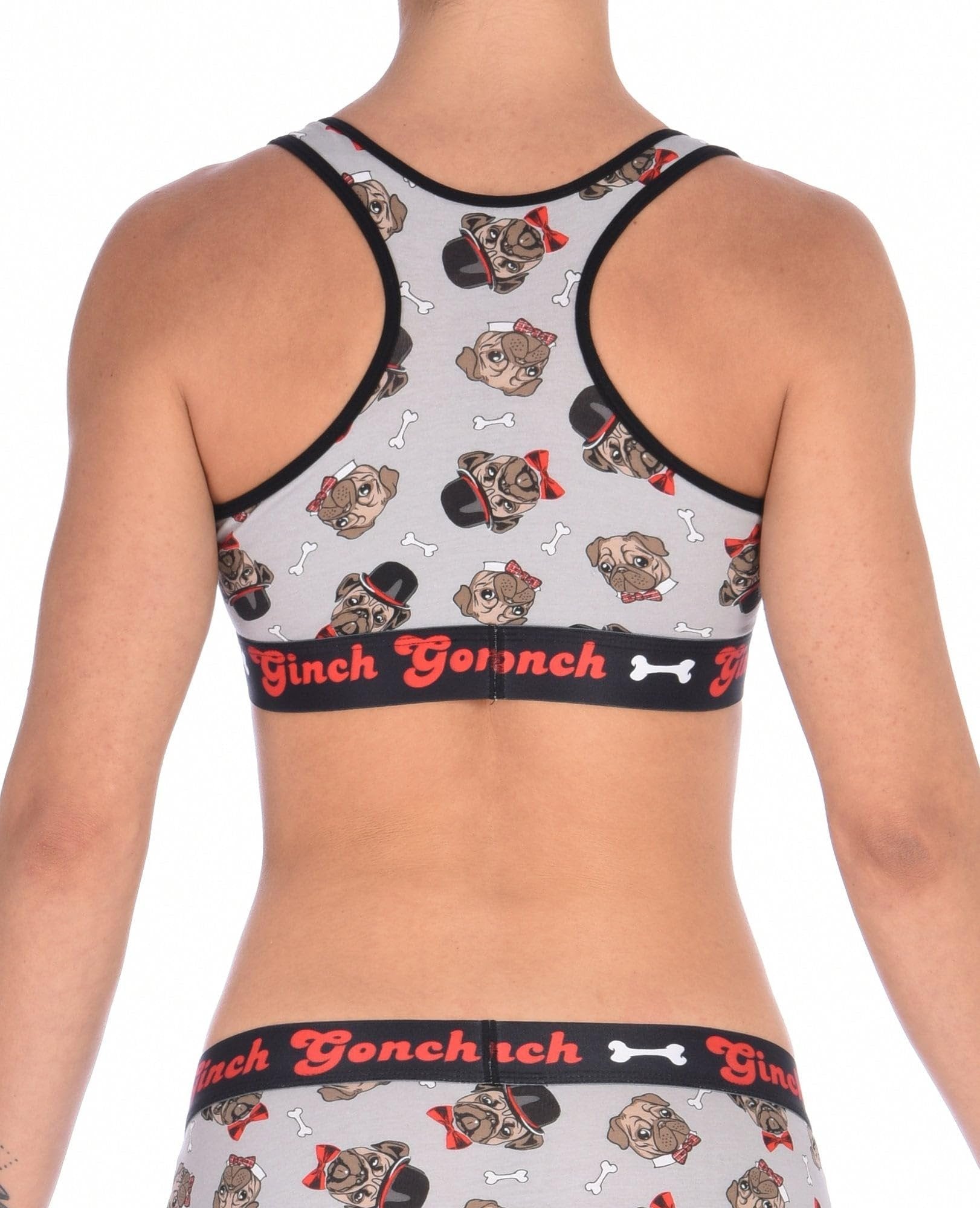Seen from behind, rear view of Ginch Gonch Pug Life sports bra showing racerback design and pug print stretch cotton fabric