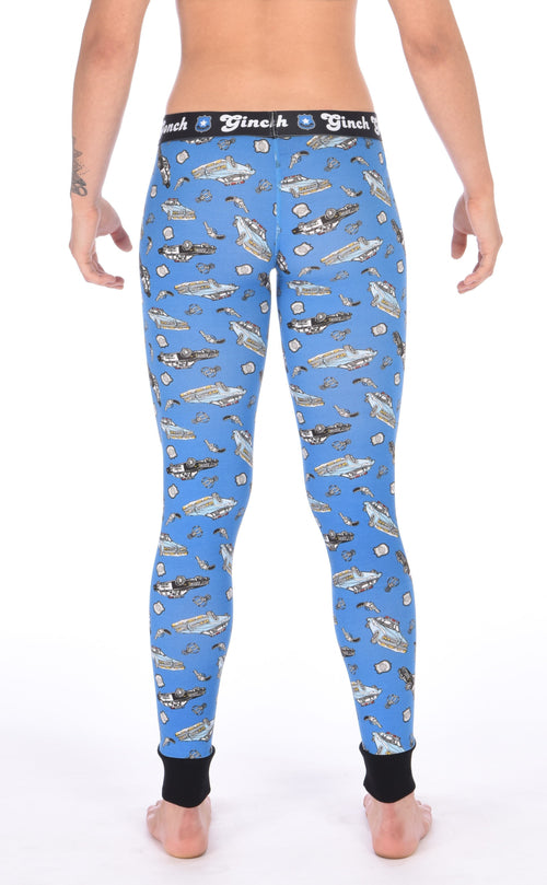 Rear view a model wearing view of Ginch Gonch GG Patrol blue leggings showing full-length police print stretch cotton and anti-muffin waistband.
