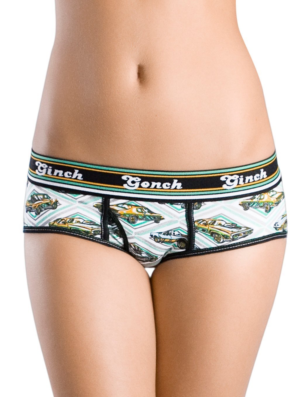 Ginch Gonch Vintage Cars Women's boyfriend briefs in playful retro automotive print, 4-way stretch cotton full coverage worn by a model.