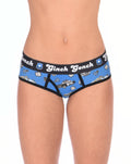 Ginch Gonch GG Patrol Women's blue multicolor boyfriend briefs in old-school police print, 4-way stretch cotton full coverage worn by a model.