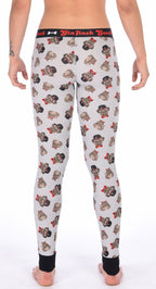 Rear view of a model wearing Ginch Gonch Pug Life grey leggings showing full-length pug print stretch cotton and anti-muffin waistband.