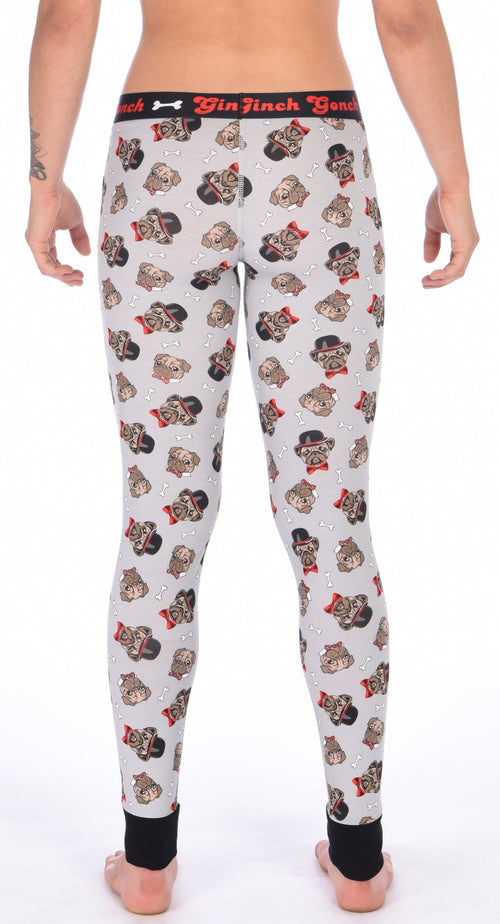 Rear view of a model wearing Ginch Gonch Pug Life grey leggings showing full-length pug print stretch cotton and anti-muffin waistband.