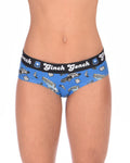 Ginch Gonch GG Patrol Women's blue gogo briefs in old-school police print, 4-way stretch cotton low-rise bikini cut worn by a model.