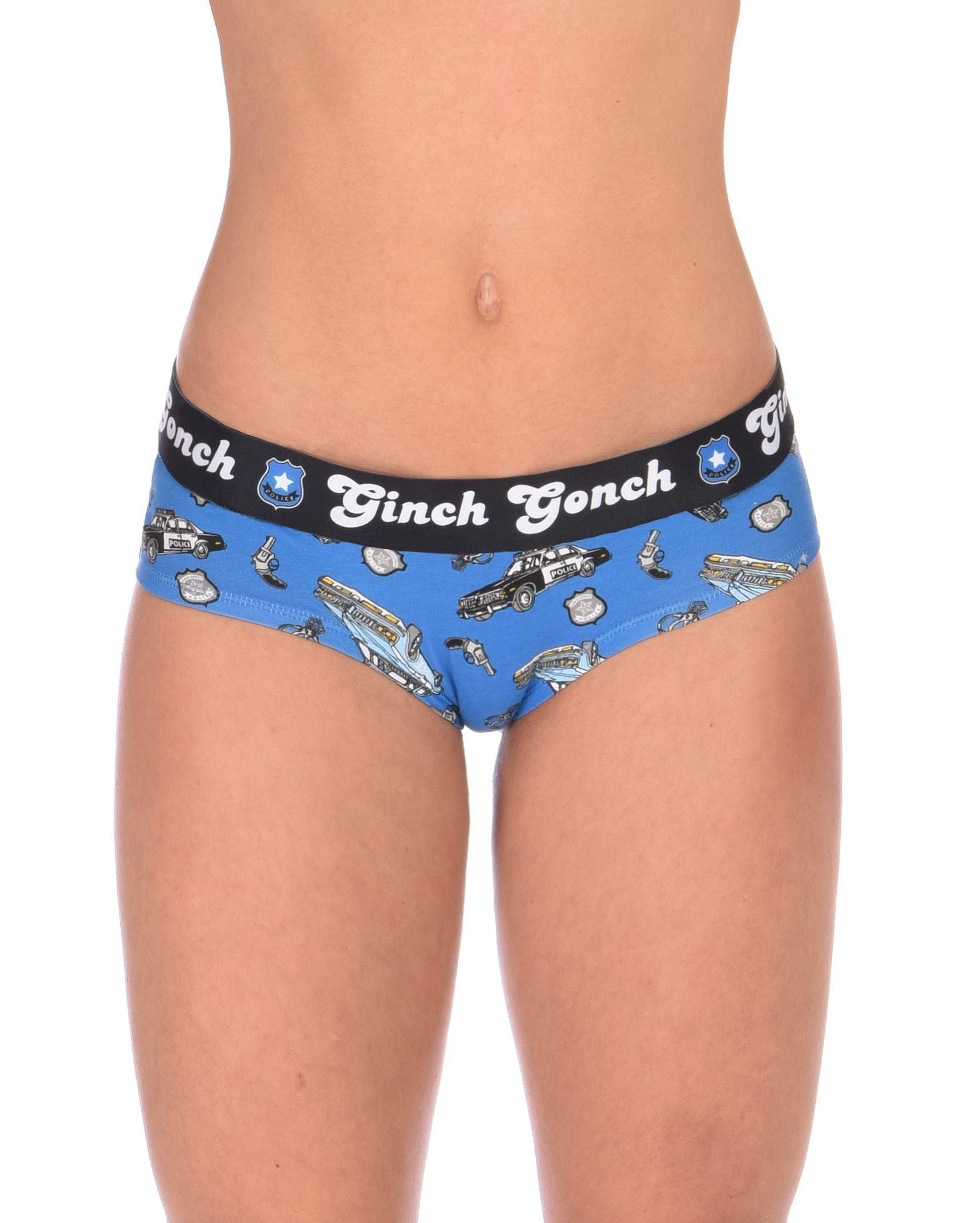 Ginch Gonch GG Patrol Women's blue gogo briefs in old-school police print, 4-way stretch cotton low-rise bikini cut worn by a model.