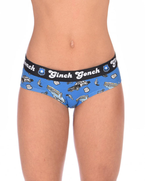 Ginch Gonch GG Patrol Women's blue gogo briefs in old-school police print, 4-way stretch cotton low-rise bikini cut worn by a model.