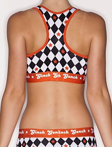 Rear view of rear view of Ginch Gonch Backstage Pass sports bra showing racerback design and diamond print stretch cotton