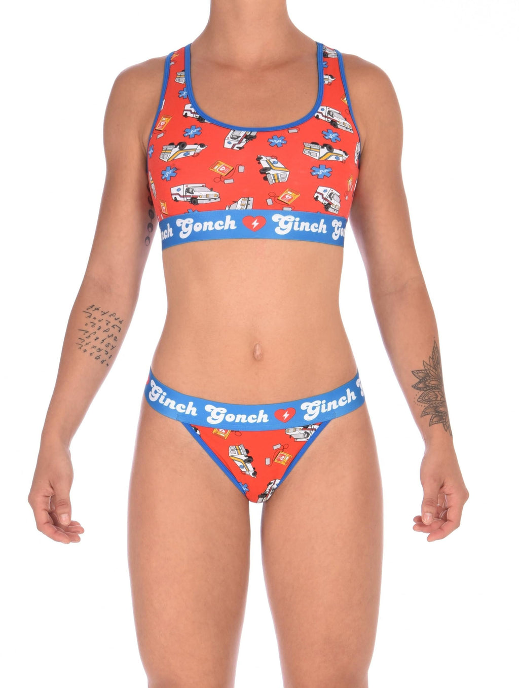 Full set view of a woman wearing Ginch Gonch GG EMT thong showing minimal coverage and medical print stretch cotton fabric.