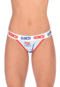 Ginch rGonch I Love Paris Women's thong in chic Eiffel Tower pint, soft 4-way stretch cotton, anti-muffin waistband worn by a model.
