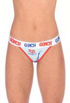 Ginch rGonch I Love Paris Women's thong in chic Eiffel Tower pint, soft 4-way stretch cotton, anti-muffin waistband worn by a model.