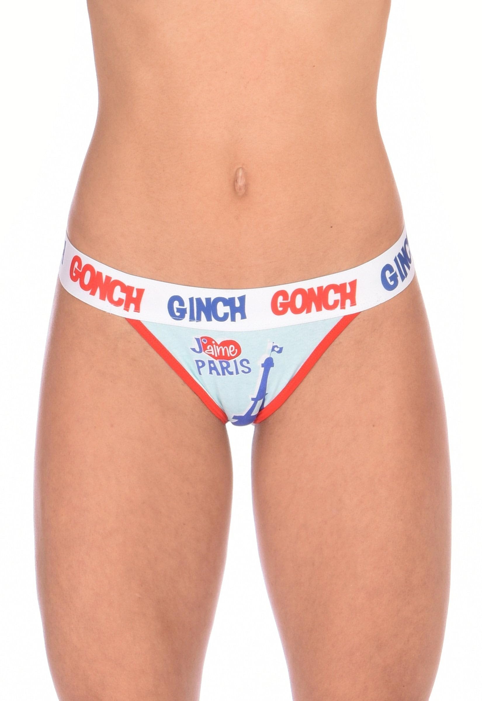 Ginch rGonch I Love Paris Women's thong in chic Eiffel Tower pint, soft 4-way stretch cotton, anti-muffin waistband worn by a model.
