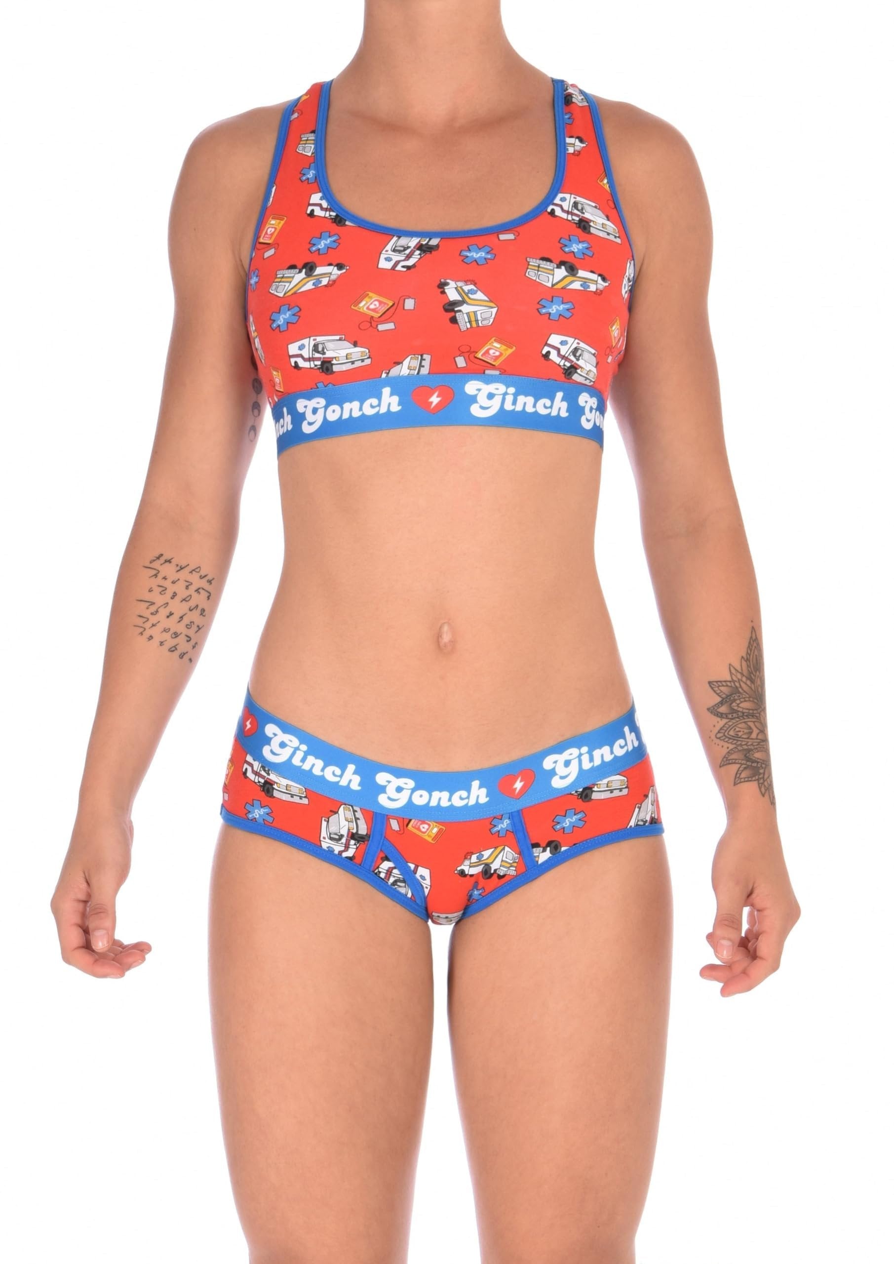 Looking at the back of rear view of Ginch Gonch GG EMT boyfriend briefs showing full seat coverage and medical print stretch cotton