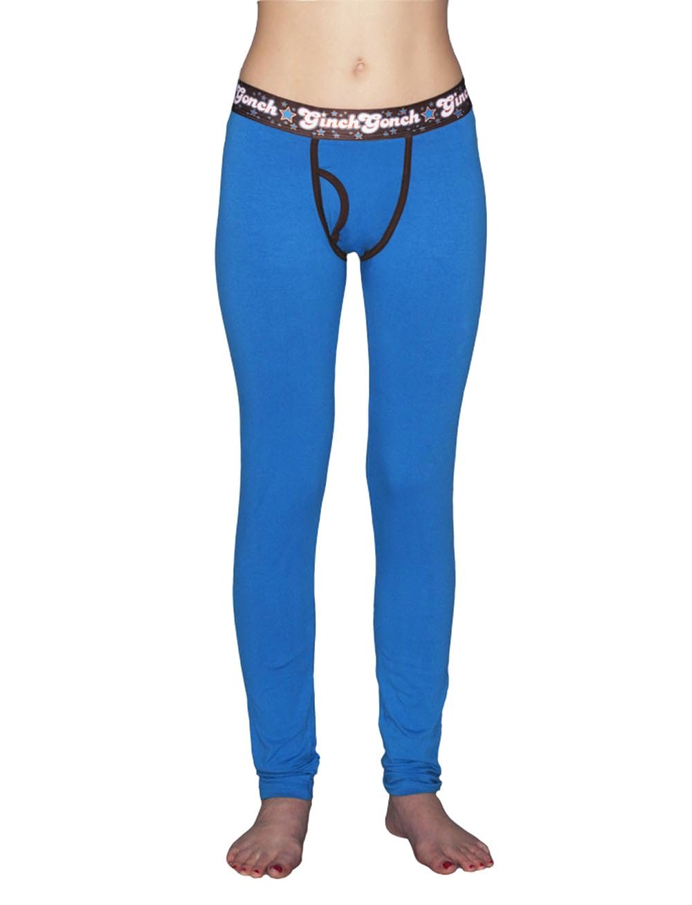 Ginch Gonch Blue Coconuts Women's leggings in vibrant solid electric blue 4-way stretch cotton with anti-muffin waistband, worn by model
