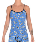 Ginch Gonch GG Patrol Women's blue camisole in old-school police print, 4-way stretch cotton with adjustable straps worn by a model.