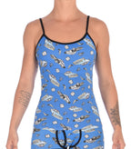 Ginch Gonch GG Patrol Women's blue camisole in old-school police print, 4-way stretch cotton with adjustable straps worn by a model.