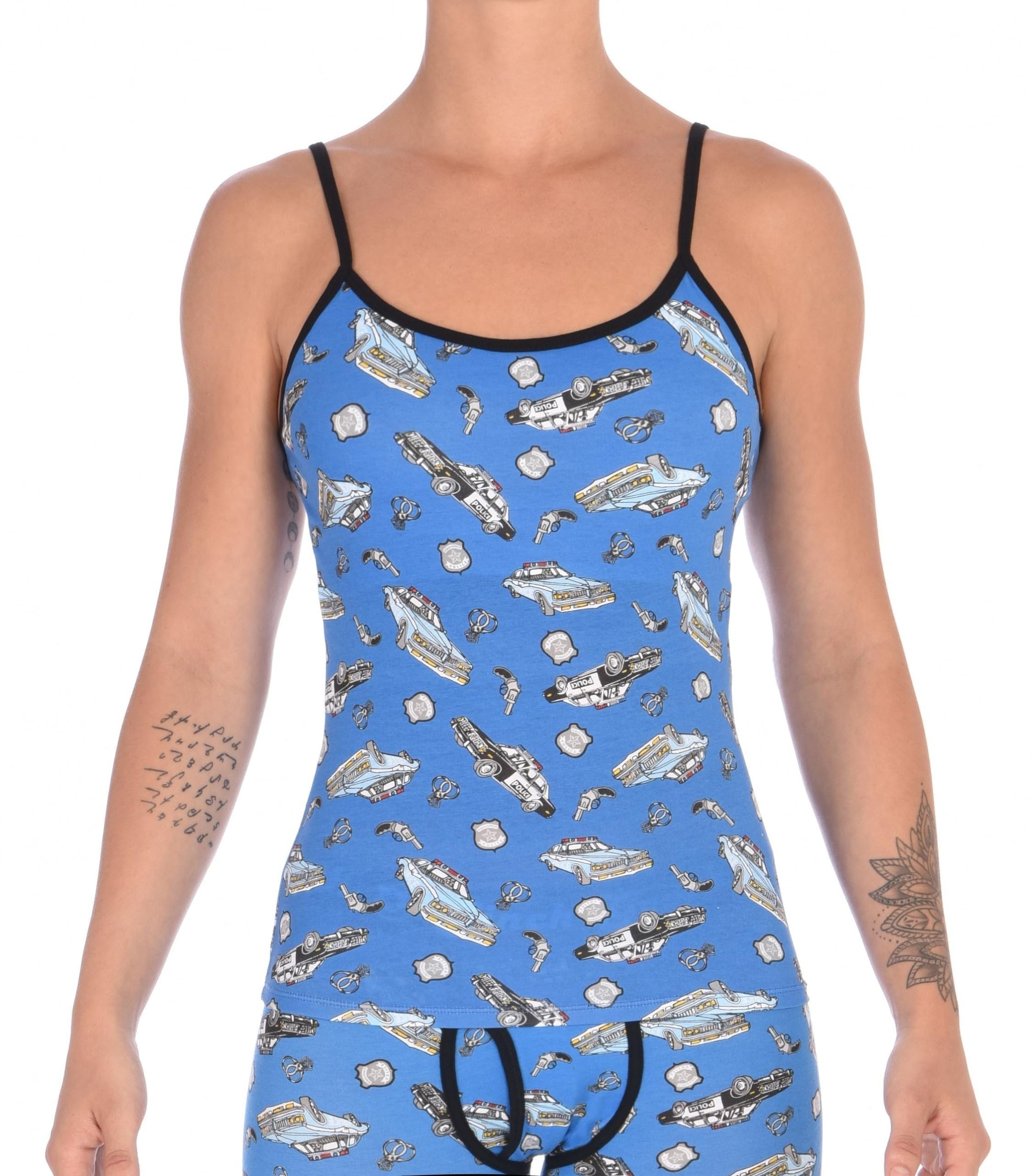 Ginch Gonch GG Patrol Women's blue camisole in old-school police print, 4-way stretch cotton with adjustable straps worn by a model.