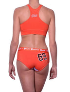 Rear view of rear view of Ginch Gonch Score boyfriend briefs showing full seat coverage and referee stripe print cotton