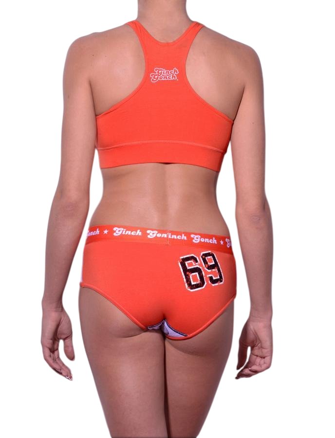 Rear view of rear view of Ginch Gonch Score boyfriend briefs showing full seat coverage and referee stripe print cotton