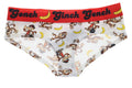 Ginch Gonch Gone Bananas Women's gogo briefs in playful monkey and banana print, 4-way stretch cotton low-rise bikini flat lay.