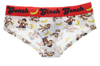 Ginch Gonch Gone Bananas Women's gogo briefs in playful monkey and banana print, 4-way stretch cotton low-rise bikini flat lay.