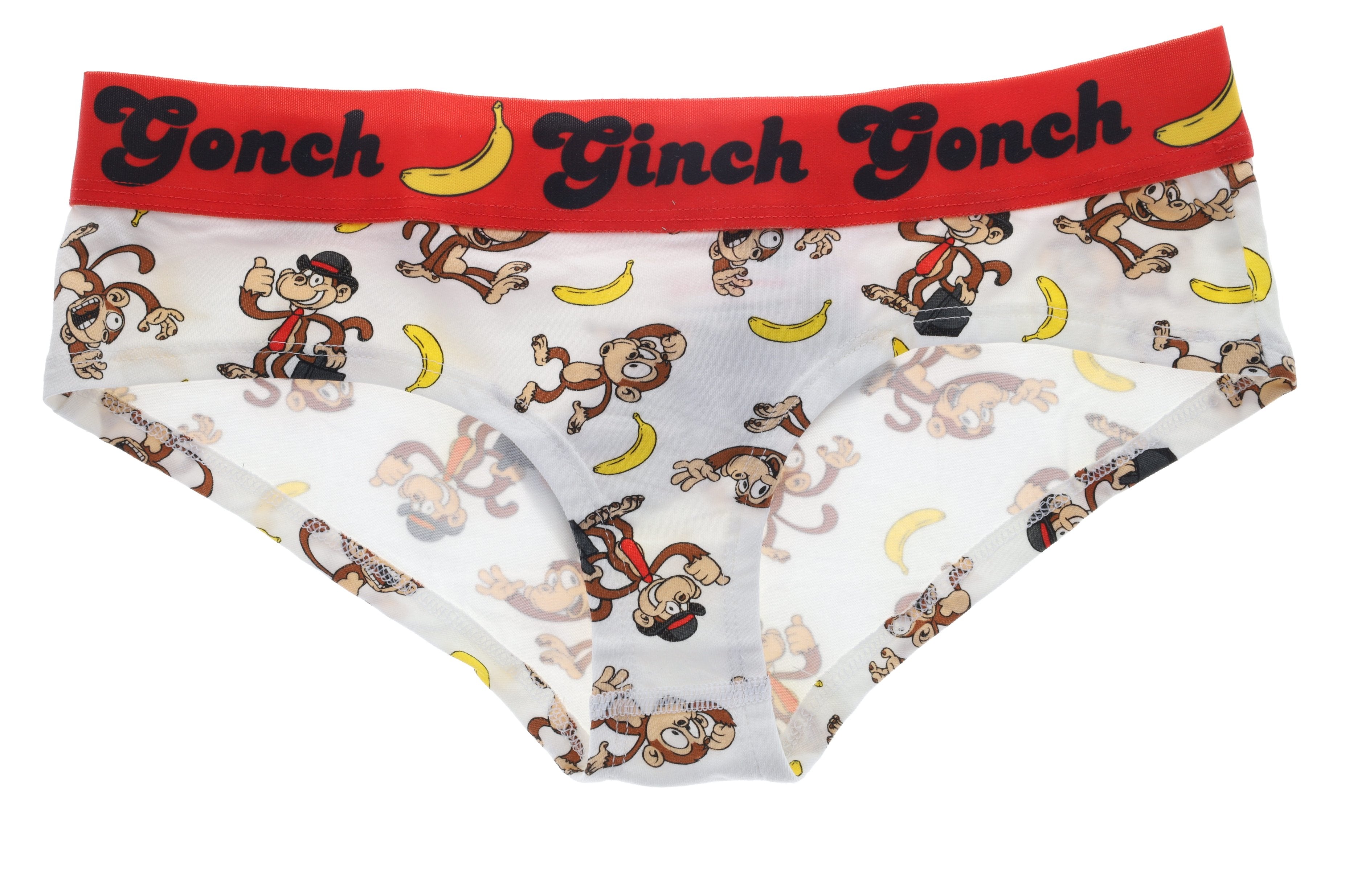 Ginch Gonch Gone Bananas Women's gogo briefs in playful monkey and banana print, 4-way stretch cotton low-rise bikini flat lay.