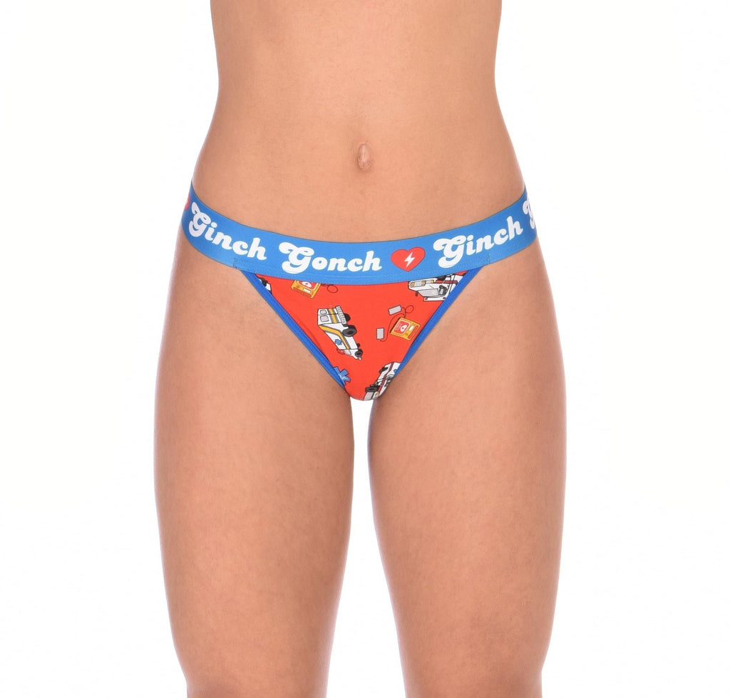 Ginch Gonch GG EMT Women's thong in orange fun medical-themed print, soft 4-way stretch cotton, anti-muffin waistband, worn by a model.