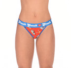 Ginch Gonch GG EMT Women's thong in orange fun medical-themed print, soft 4-way stretch cotton, anti-muffin waistband, worn by a model.