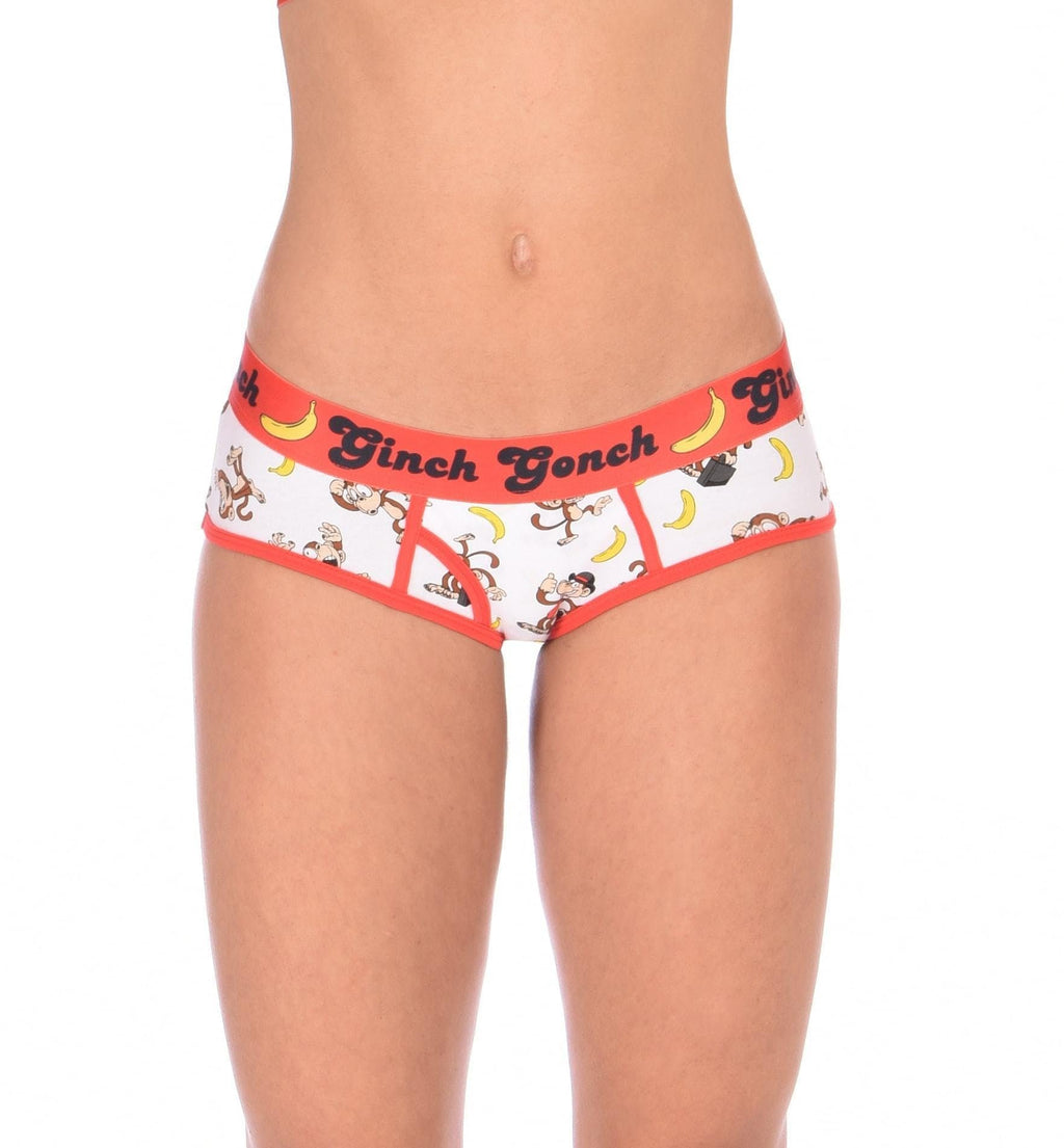 Front view of a model wearing Ginch Gonch Gone Bananas boyfriend briefs showing full seat coverage and monkey print stretch cotton.