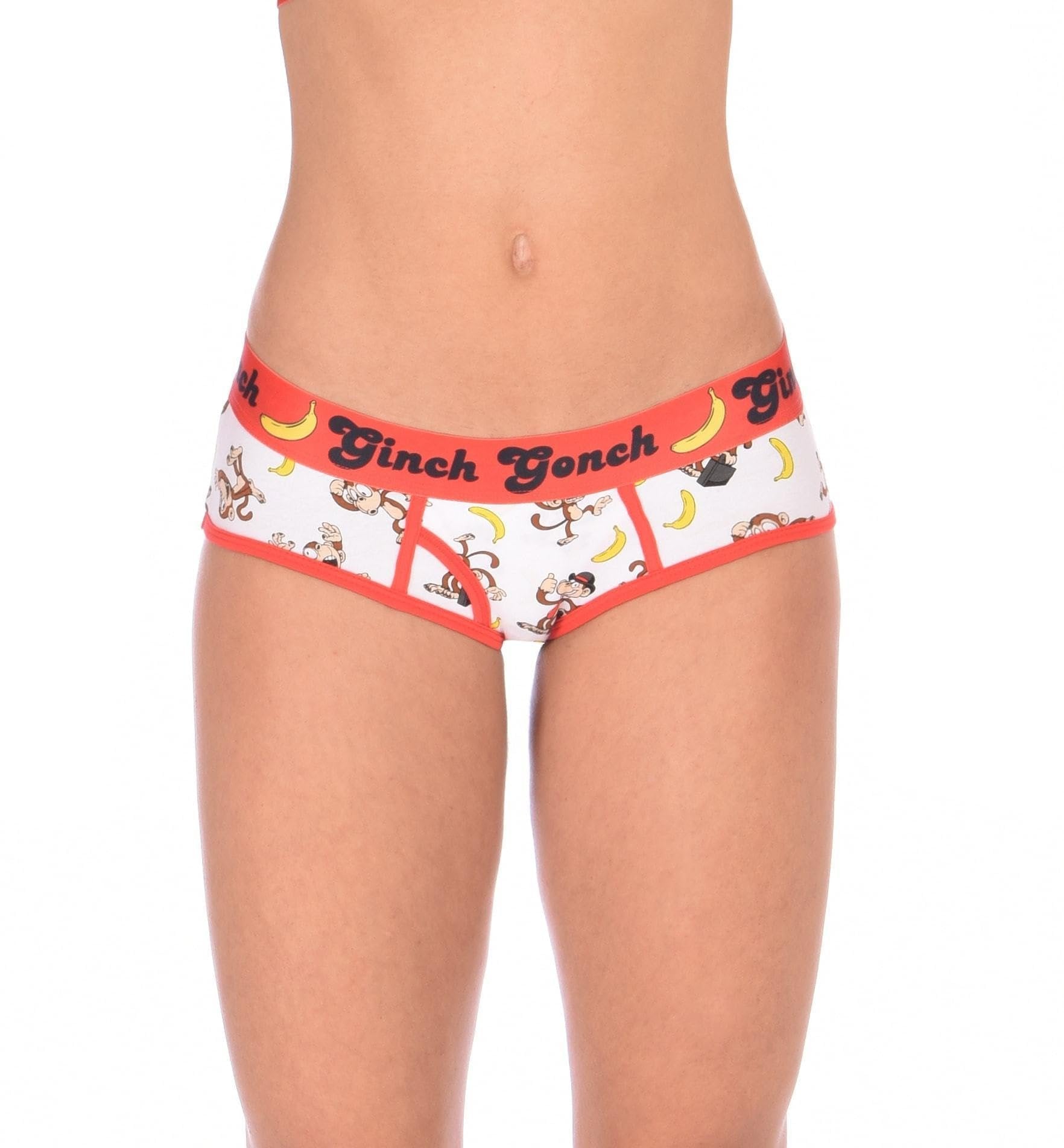 Front view of a model wearing Ginch Gonch Gone Bananas boyfriend briefs showing full seat coverage and monkey print stretch cotton.