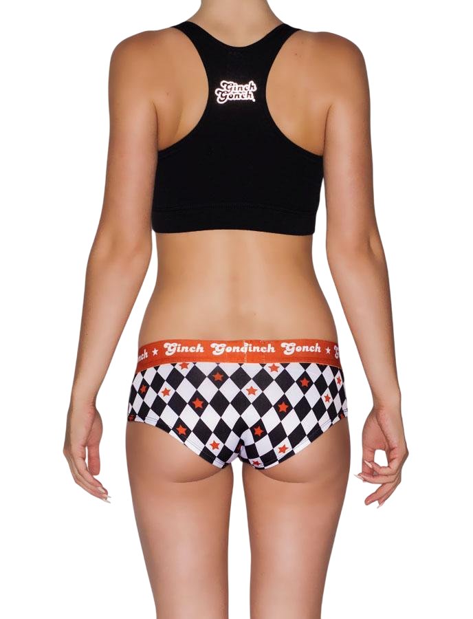 Rear view of rear view of Ginch Gonch Backstage Pass gogo briefs showing anti-muffin waistband and diamond print cotton