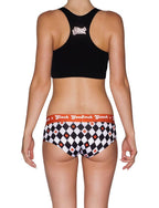 Rear view of rear view of Ginch Gonch Backstage Pass gogo briefs showing anti-muffin waistband and diamond print cotton