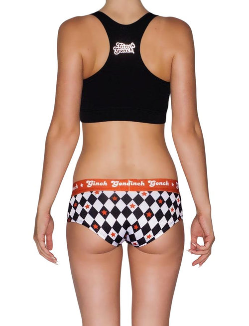 Rear view of rear view of Ginch Gonch Backstage Pass gogo briefs showing anti-muffin waistband and diamond print cotton