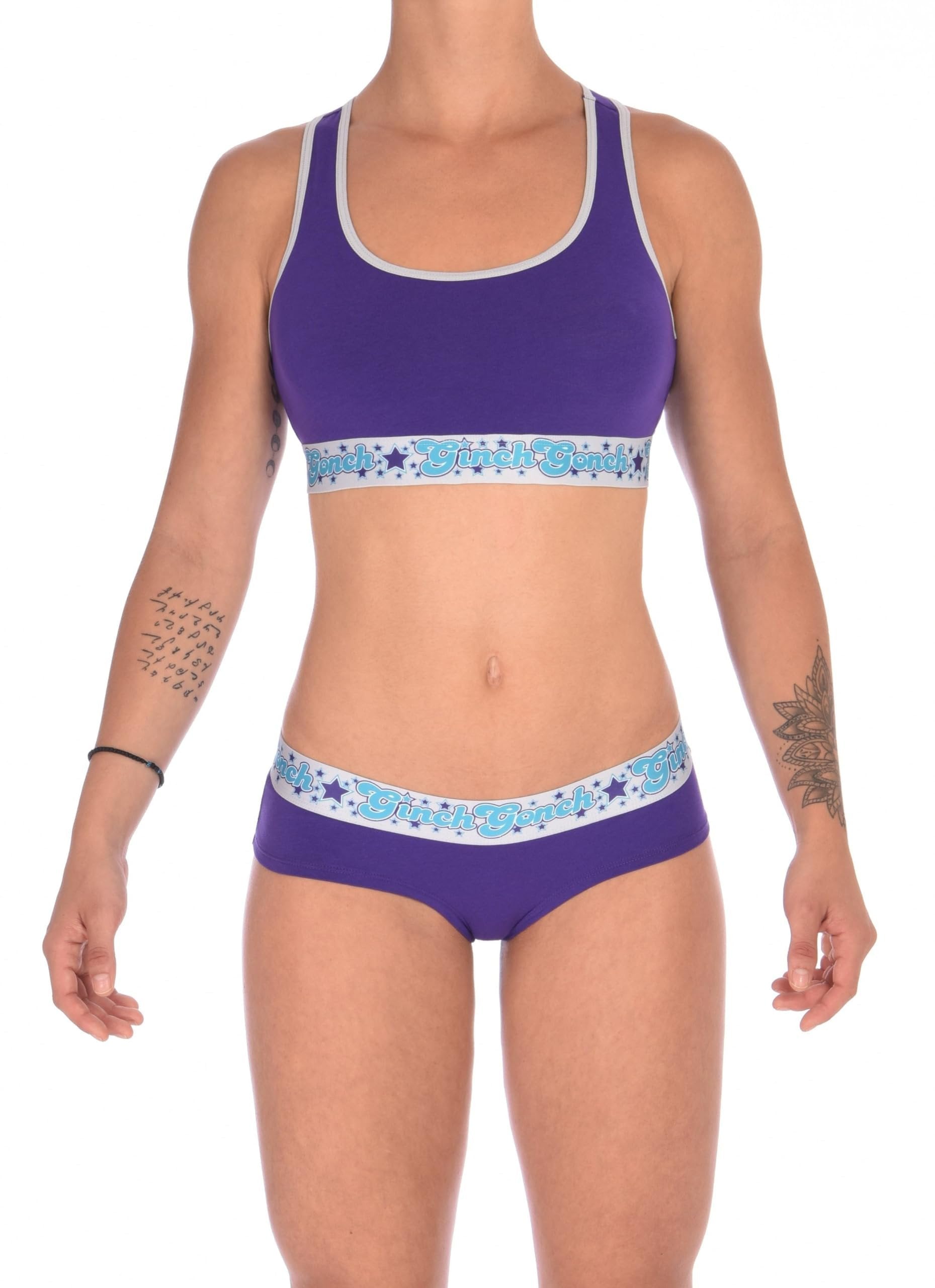 Looking at the back of rear view of Ginch Gonch Purple Haze gogo briefs showing anti-muffin waistband and color block stretch cotton