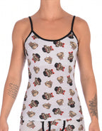 Ginch Gonch Pug Life Women's grey camisole in cute all-over pug print, 4-way stretch cotton with adjustable straps worn by a model.