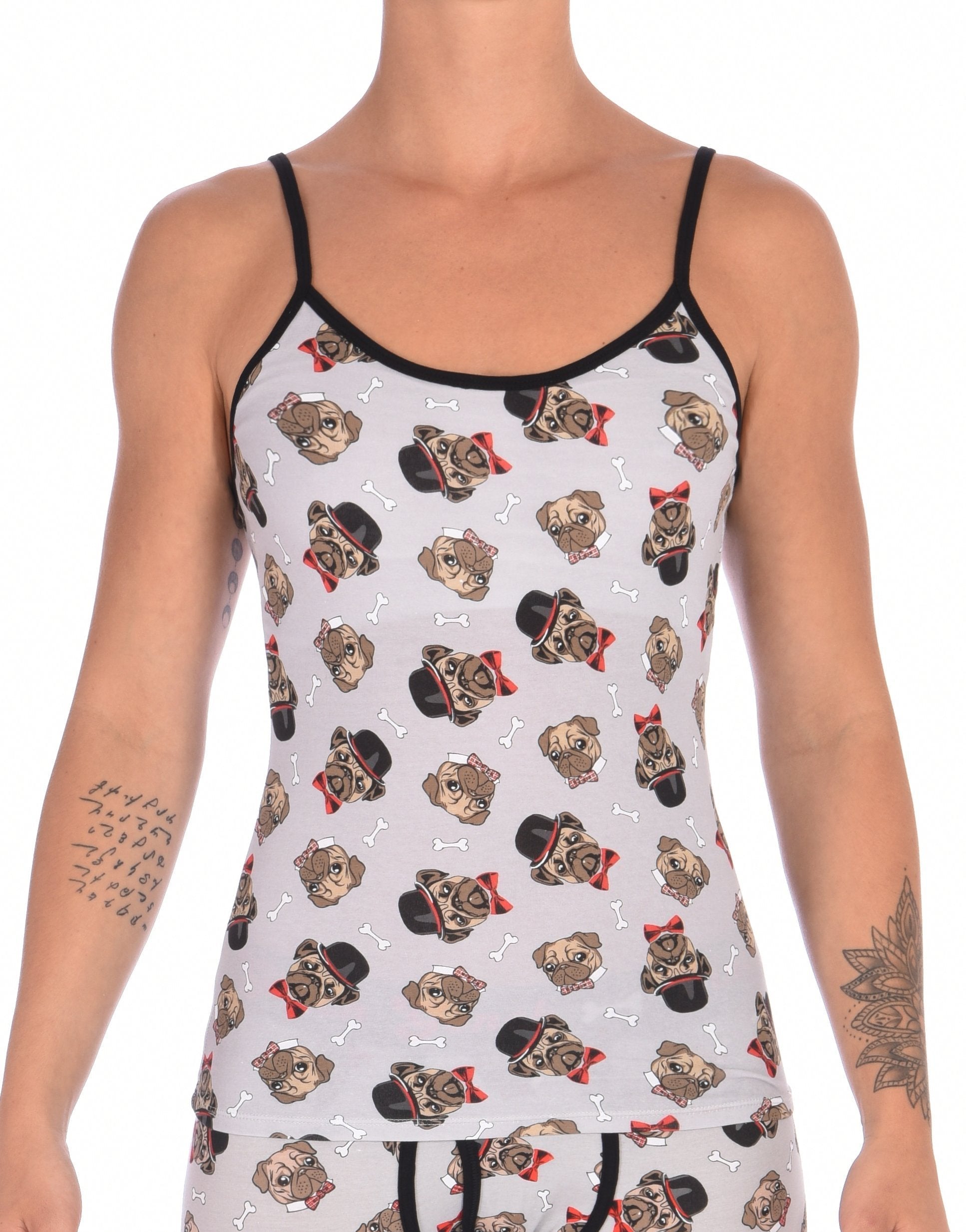 Ginch Gonch Pug Life Women's grey camisole in cute all-over pug print, 4-way stretch cotton with adjustable straps worn by a model.