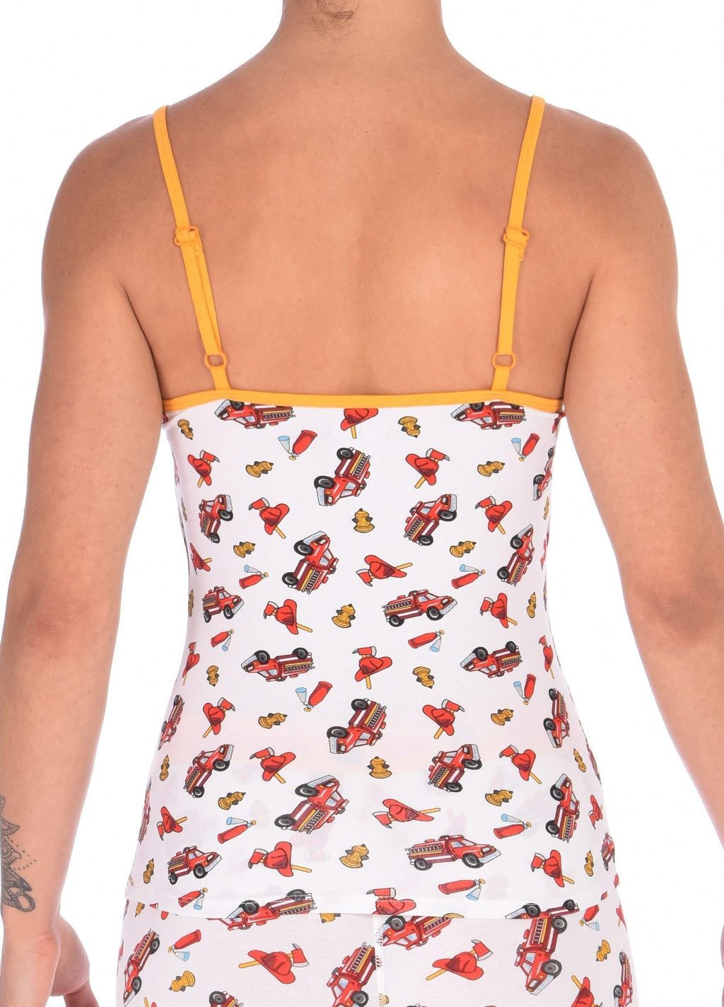 Rear view of a model wearing Ginch Gonch GG Fire Fighters cami showing adjustable straps and firefighter print cotton fabric