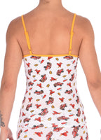 Rear view of a model wearing Ginch Gonch GG Fire Fighters cami showing adjustable straps and firefighter print cotton fabric