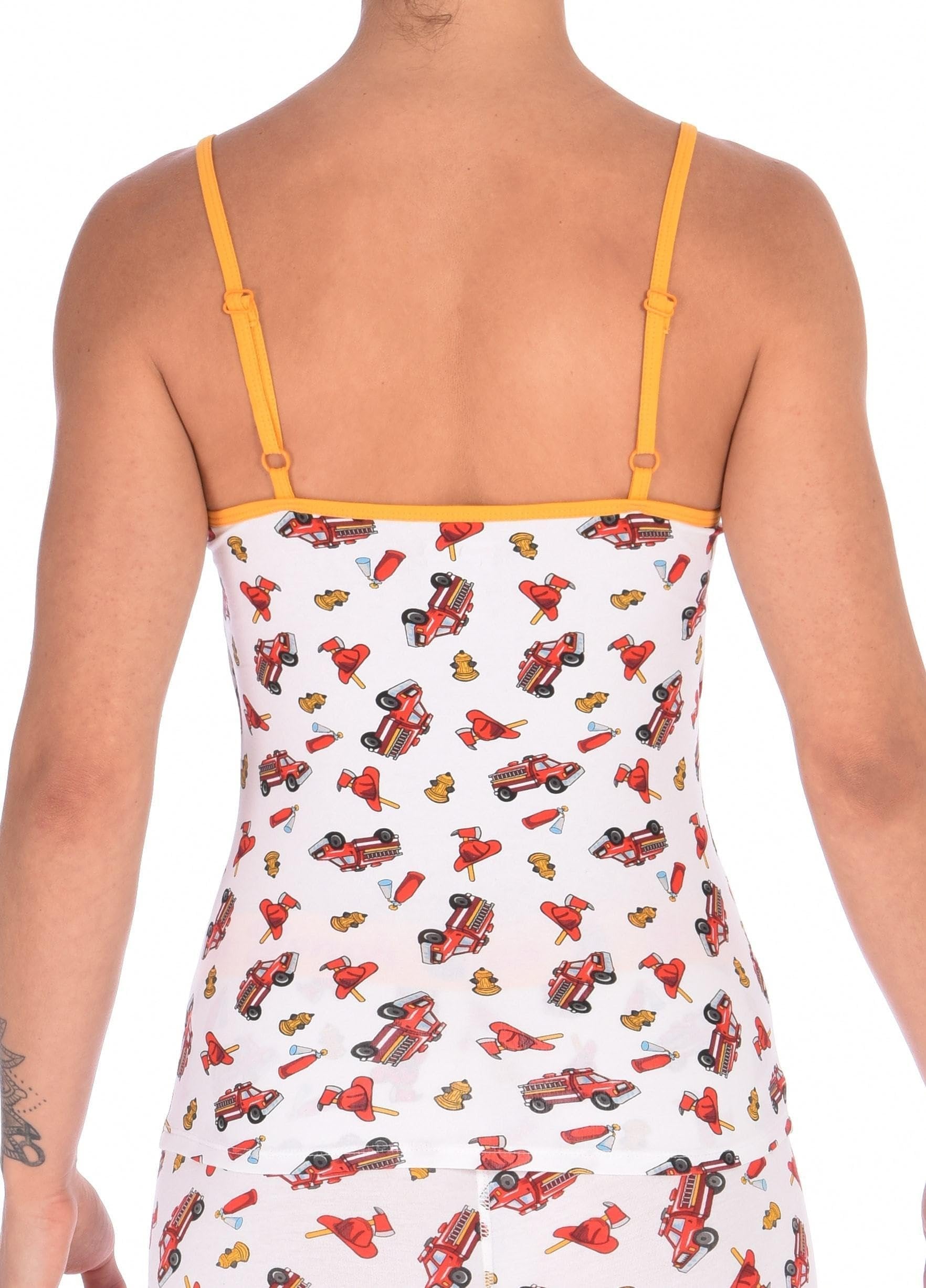 Rear view of a model wearing Ginch Gonch GG Fire Fighters cami showing adjustable straps and firefighter print cotton fabric