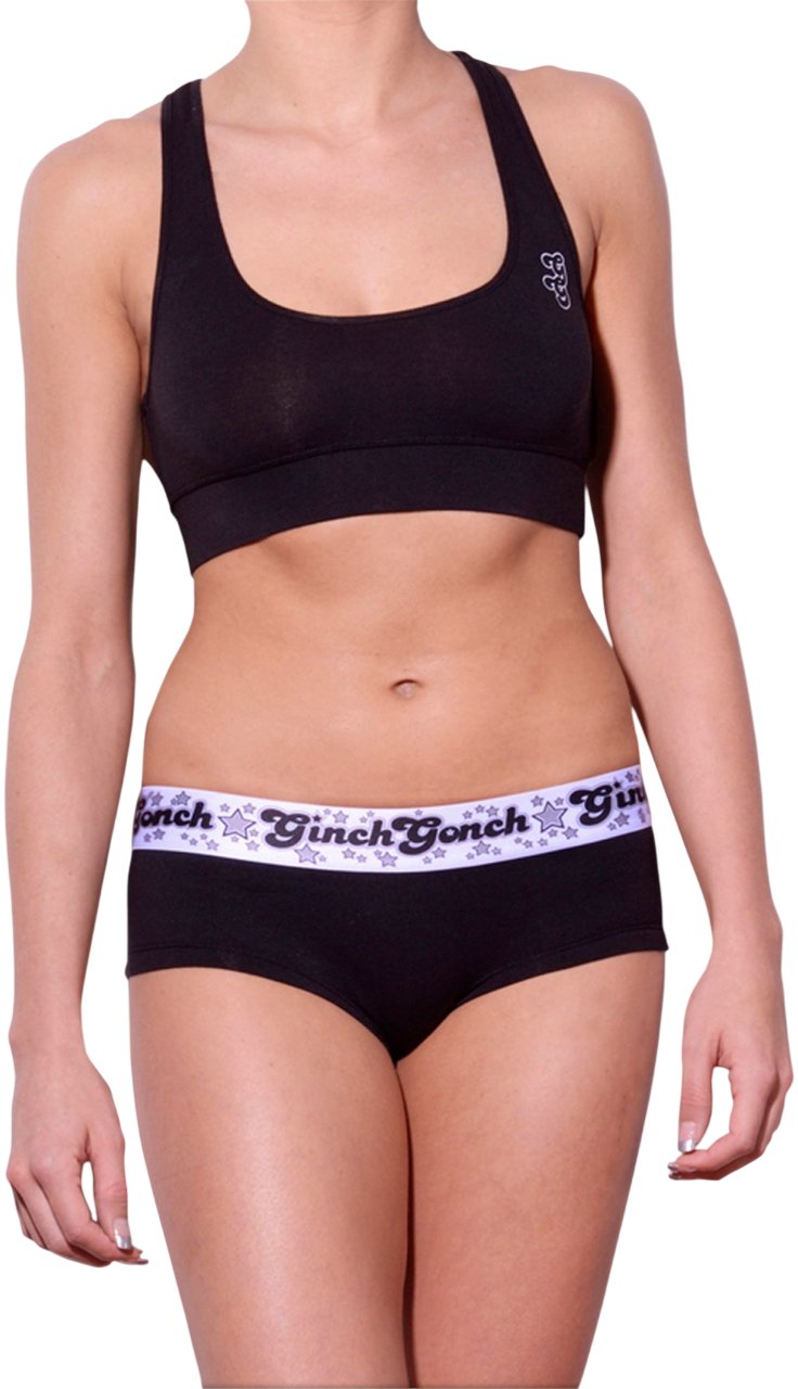Ginch Gonch Black Magic Women's gogo briefs in sleek solid black 4-way stretch cotton, low-rise hipster fit, worn by model

