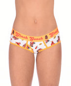 Ginch Gonch GG Fire Fighters Women's boyfriend briefs in fun firefighter print, 4-way stretch cotton full coverage worn by model.