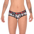 Ginch Gonch Pug Life Women's grey boyfriend briefs in cute all-over pug print, 4-way stretch cotton full coverage worn by a model.