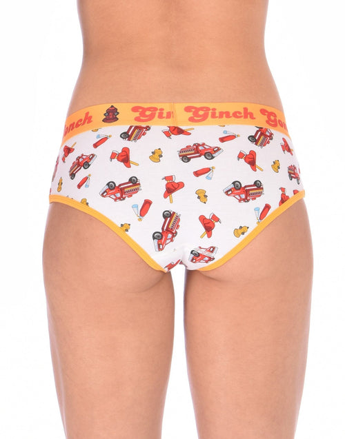 Rear view of a model wearing a Ginch Gonch GG Fire Fighters boyfriend briefs showing full seat coverage and firefighter print cotton.