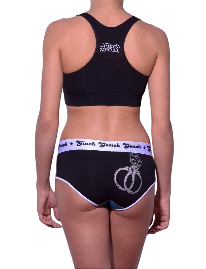 Rear view of rear view of Ginch Gonch Book'em boyfriend briefs showing full seat coverage and police print stretch cotton