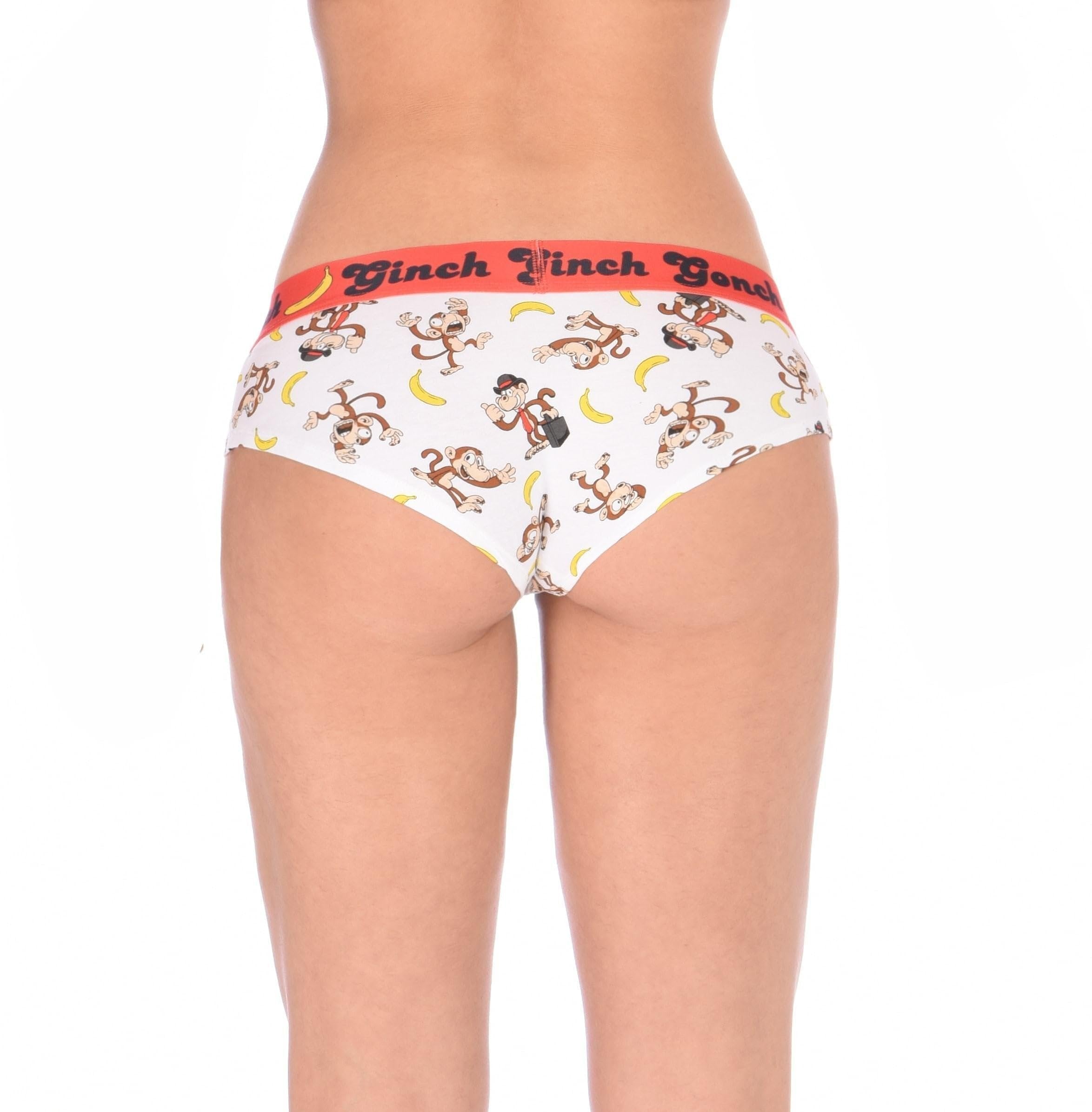 Rear view of model wearing a Ginch Gonch Gone Bananas gogo briefs showing anti-muffin waistband and monkey print stretch cotton.