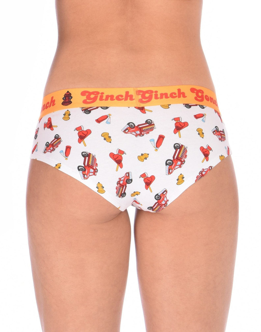 Close-up ear view of a model wearing Ginch Gonch GG Fire Fighters gogo briefs showing anti-muffin waistband and firefighter print cotton.
