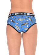 Rear view of a model wearing Ginch Gonch GG Patrol blue boyfriend briefs showing full coverage and police print stretch cotton fabric.