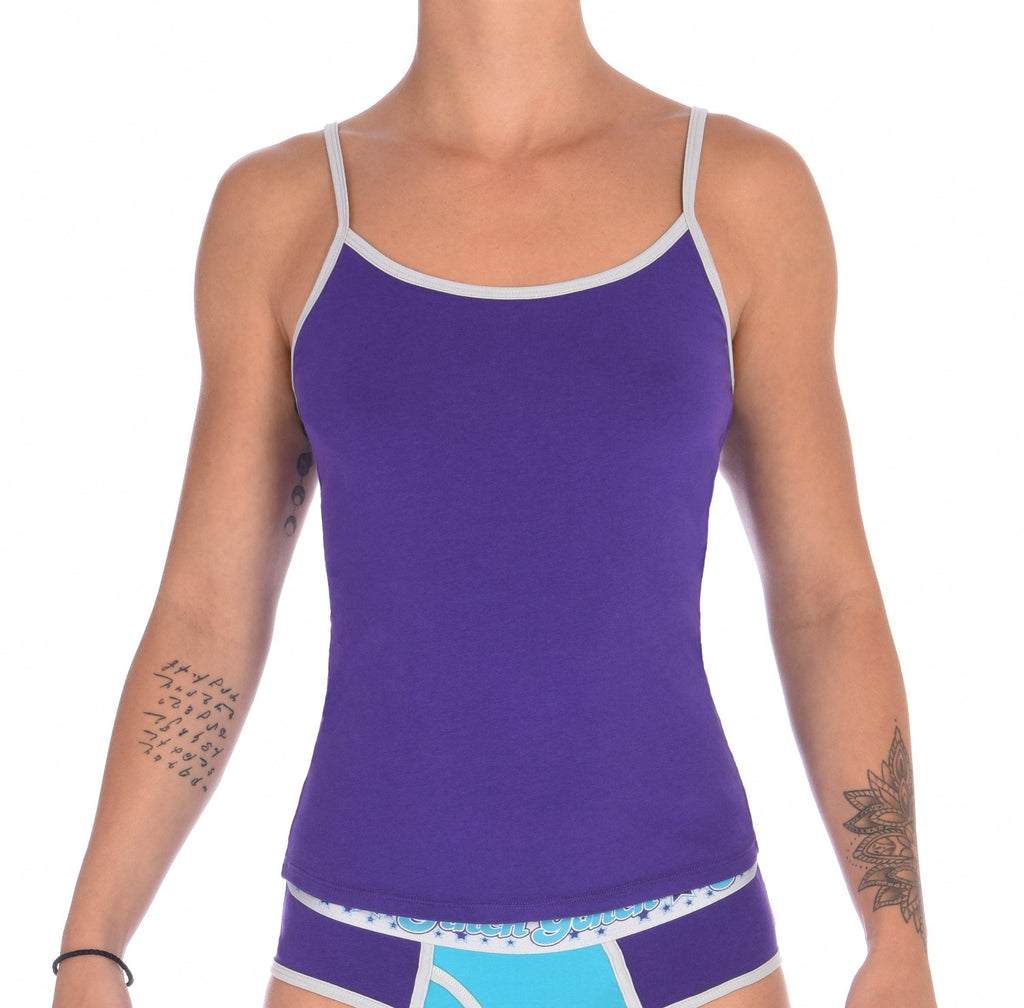 Ginch Gonch Purple Haze Women's camisole in solid color cotton design with adjustable straps worn by a model.