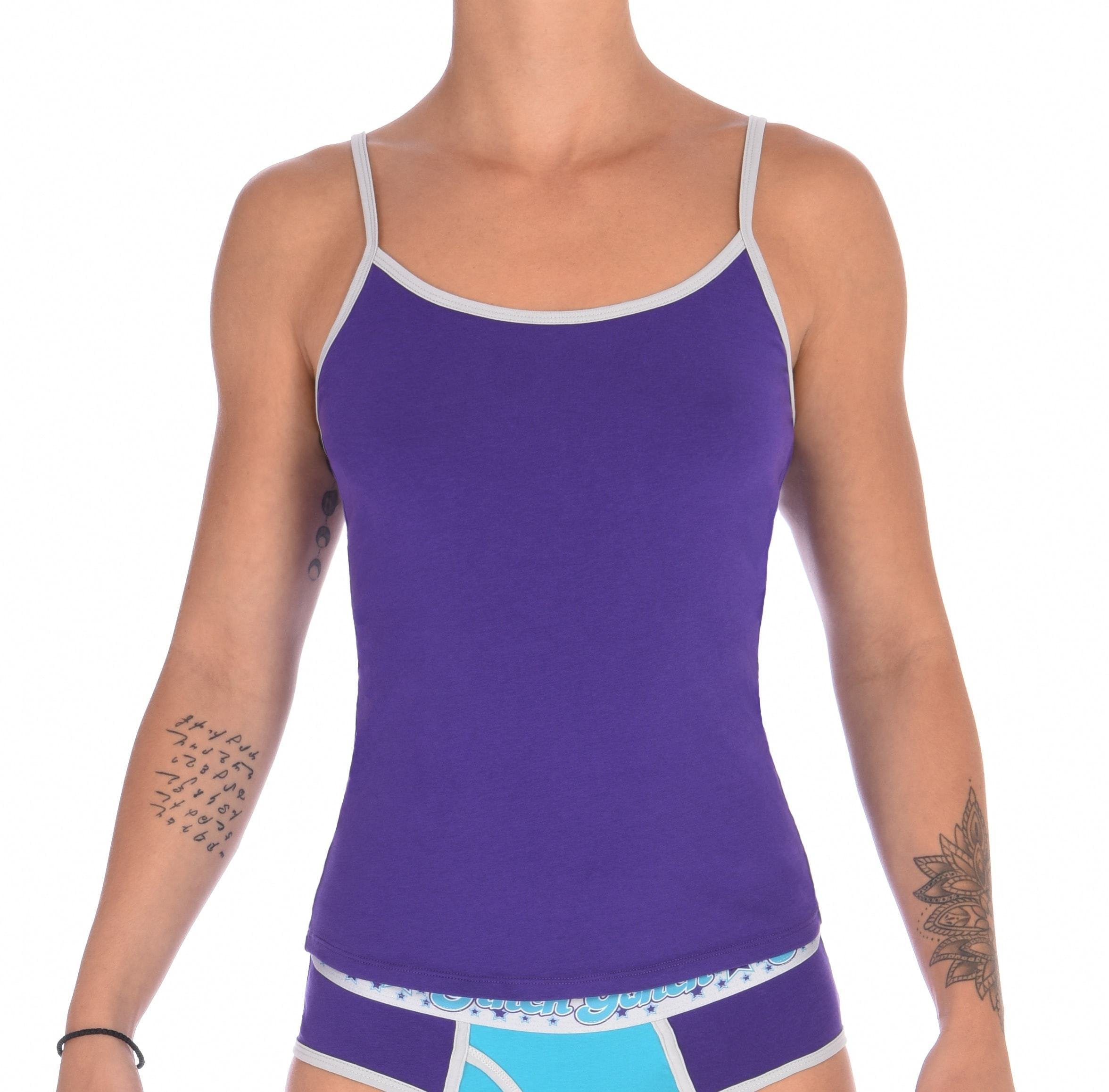 Ginch Gonch Purple Haze Women's camisole in solid color cotton design with adjustable straps worn by a model.