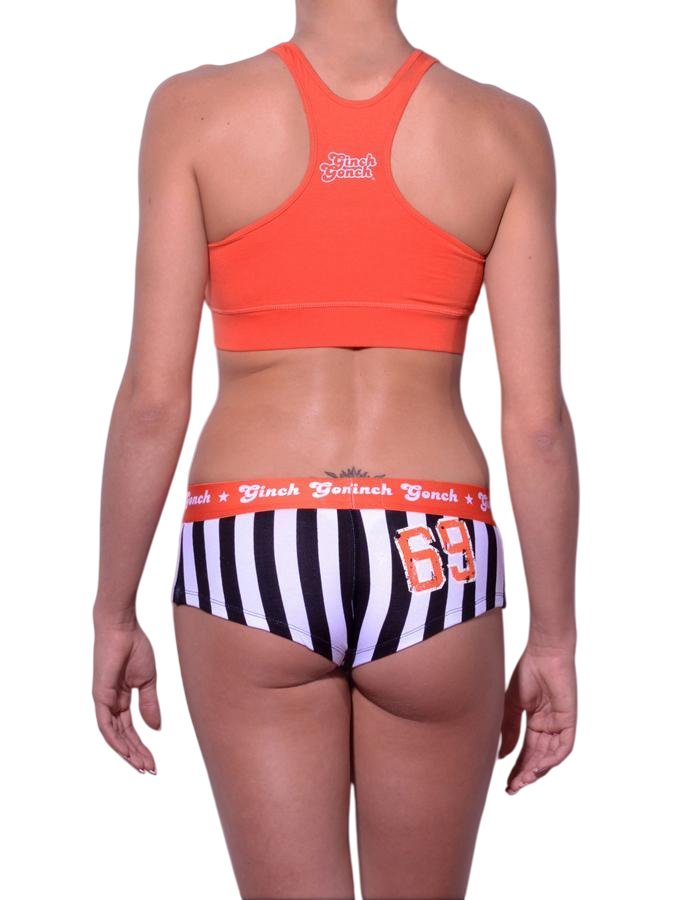 Rear view of rear view of Ginch Gonch Score gogo briefs showing anti-muffin waistband and referee stripe print cotton